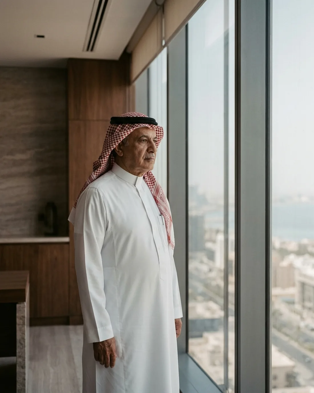 A senior executive standing composed by a window in a quiet office above the city